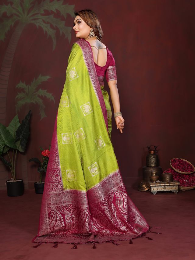Mahendi Color Satin Silk Fabric Woven Jari Designer Graceful Partywear Saree