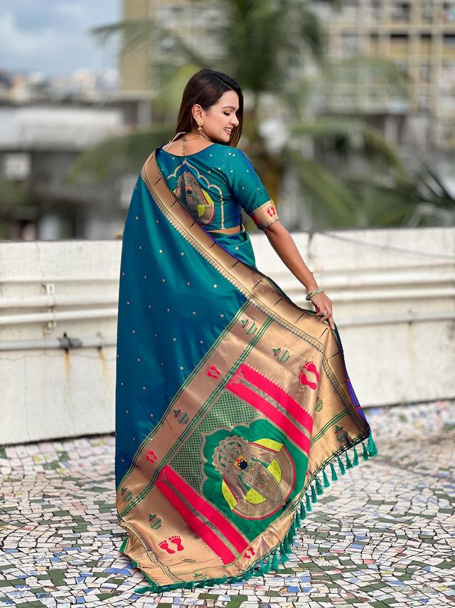 Sky Blue Color Soft Silk Fabric Woven Paithani Designer Cultural Rich Saree