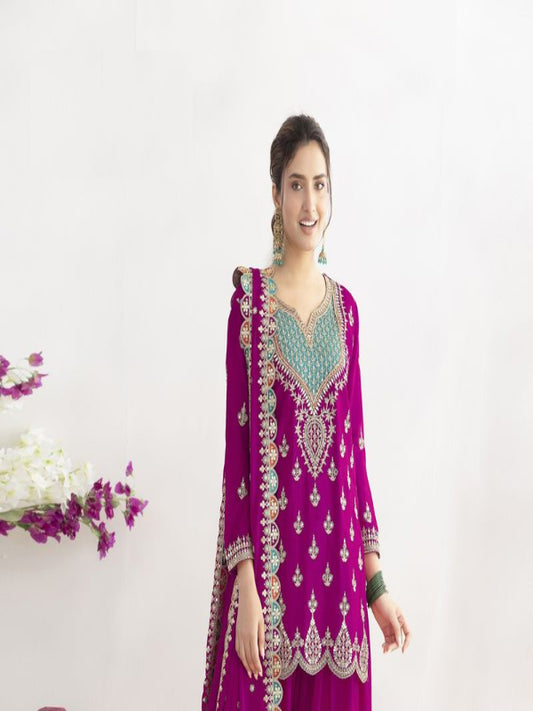 Pink Color Chinon Fabric Designer Embroidered Graceful Palazzo Dress