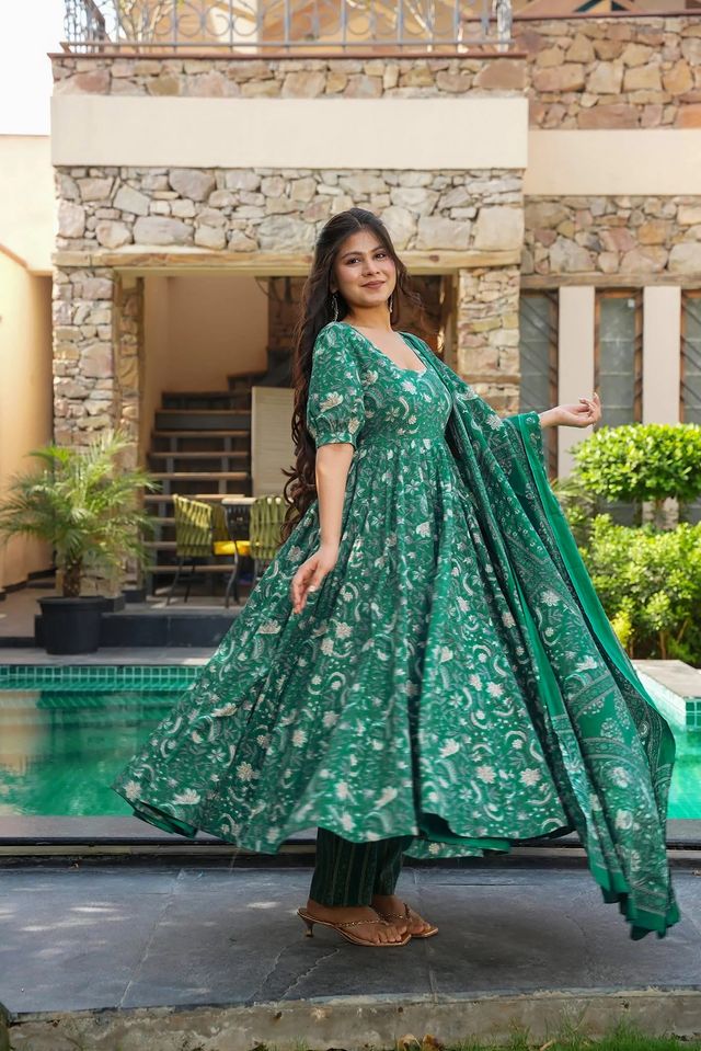 Green Color Muslin Fabric Designer Digital Printed Partywear Attire For Girl