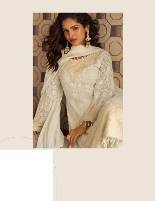 White pure geogette full stitched suit Free Size upto 42
