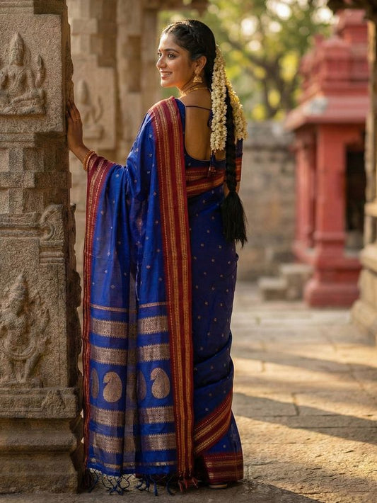 Blue Color Soft Silk Fabric Woven Jari Designer Ethnic Party Looks Saree