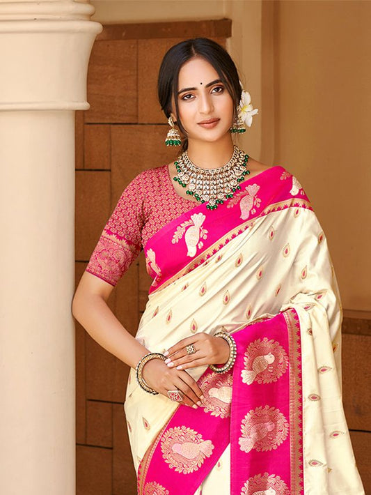 Beige Color Ethnic Woven Designer Partywear Saree