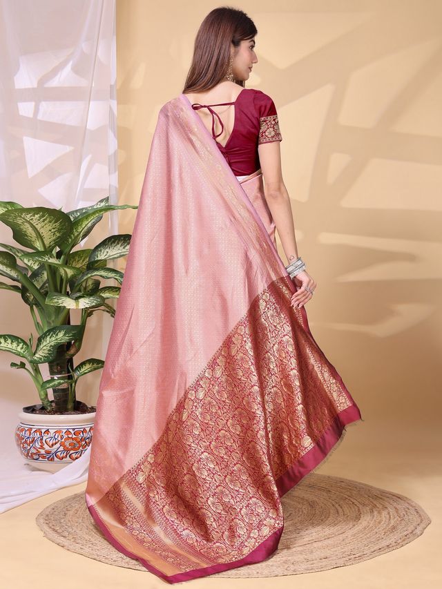 Peach Color Lichi Silk Fabric Beautiful Woven Designer Saree