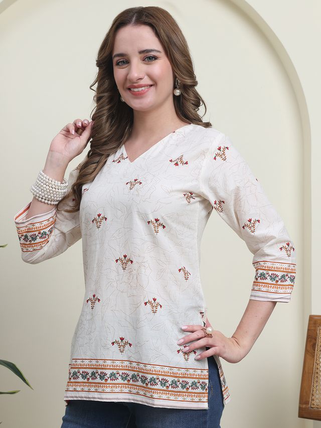 Red Color Cambric Cotton Fabric Designer Printed Formal Short Kurta