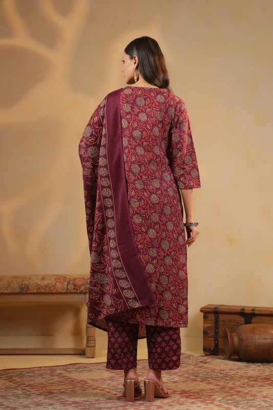 Maroon Color Cotton Fabric Stylish And Trendy Kurta Set For Ethnic Girls