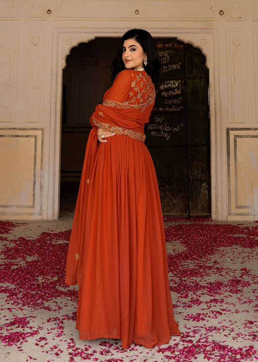Orange Color Georgette Fabric Designer Embroidered Partywear Gown For Girlie Looks