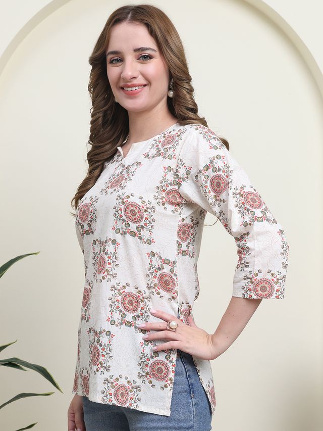 Red Color Cambric Cotton Fabric Designer Printed Formal Short Kurta 4245