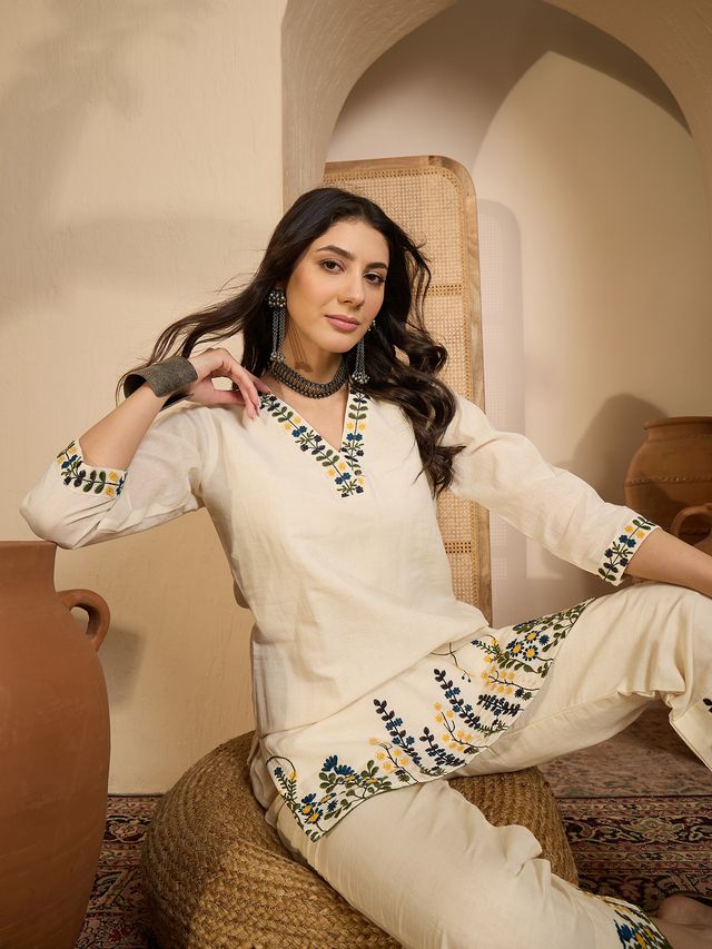 Beige Color Khadi Silk Fabric Designer Embroidered Co-ord Set 4150