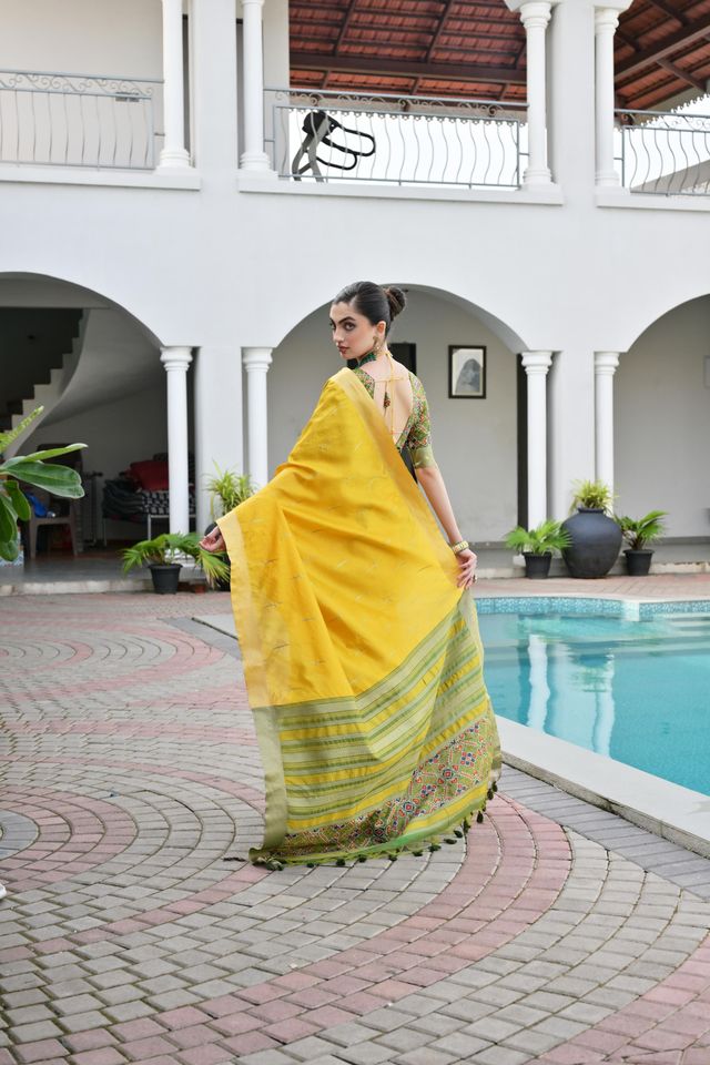 Mustard Color Khadi Raw Silk Fabric Woven Meena Rich Pallu Border Designer Beautiful Saree