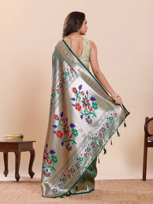 Green Color Beautiful Soft Silk Fabric Woven Designer Saree