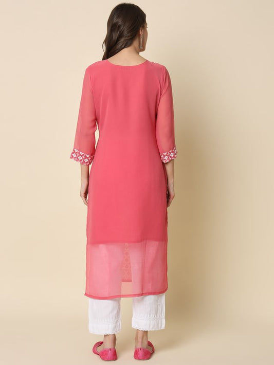 Pink Color Georgette Fabric Chikankari Work Formal Kurta For Girls