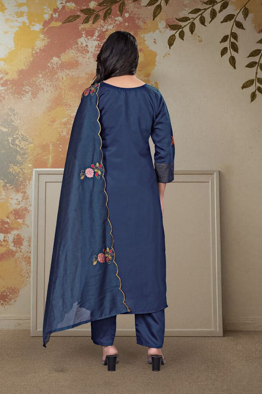 Blue Color Chanderi Fabric Designer Embroidered Readymade Suit