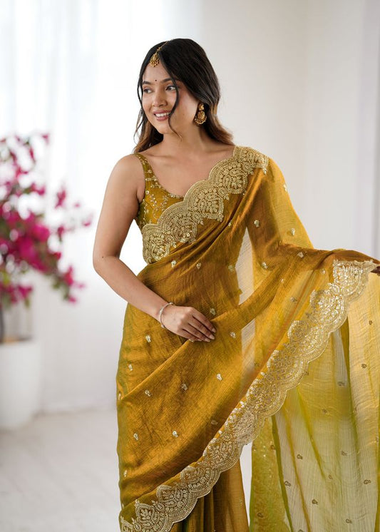 Mustard Color Fendy Chiffon Fabric Beautiful Embroidered Saree