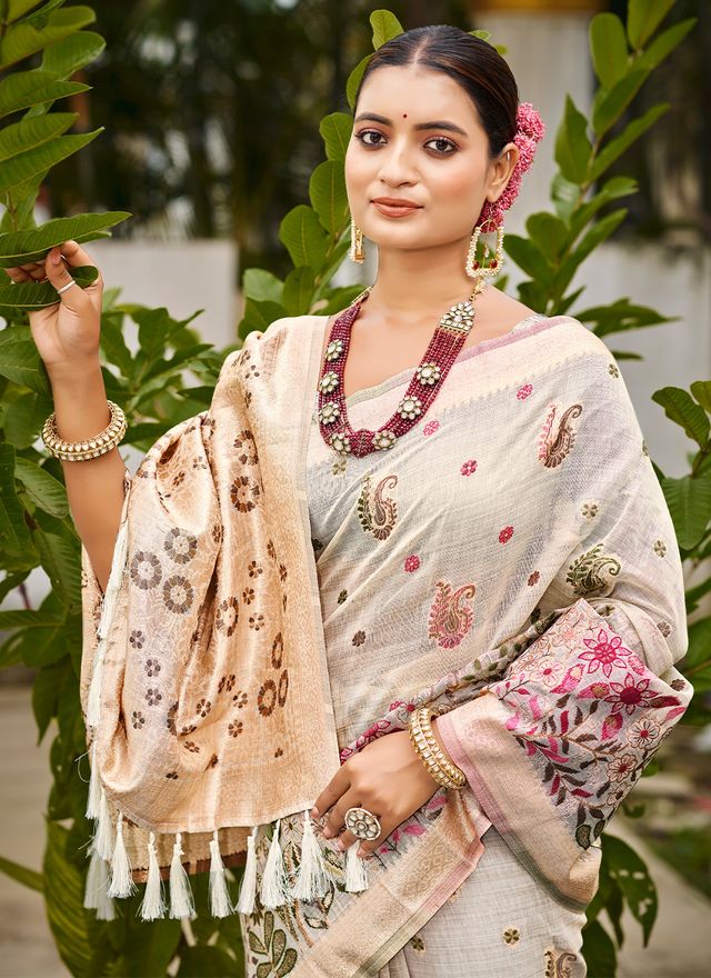 Off-White Color Cotton Silk Fabric Woven Meenakari Designer Saree