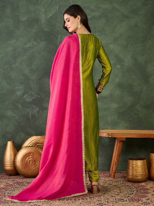 Green Color Vichitra Silk Fabric Designer Embroidery Work Graceful Partywear Suit