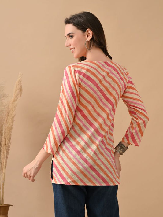 Orange Color Cambric Cotton Fabric Designer Printed Formal Short Kurta