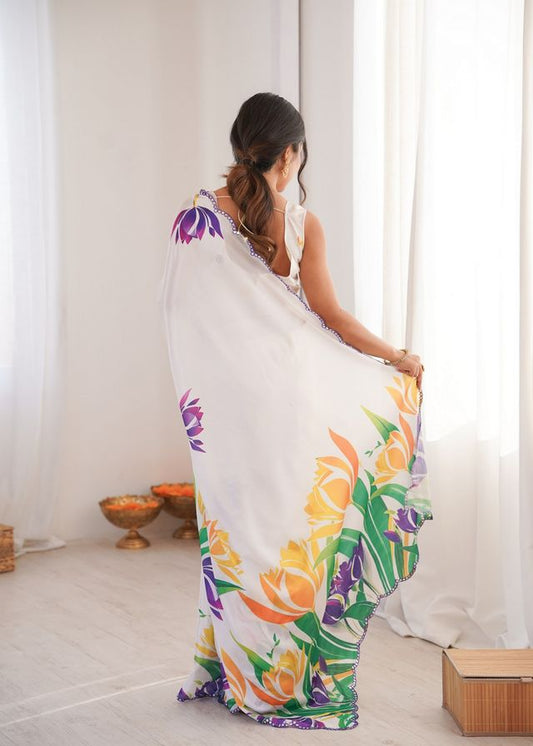 White Color Chinon Fabric Digital Print Smart Ethnic Saree