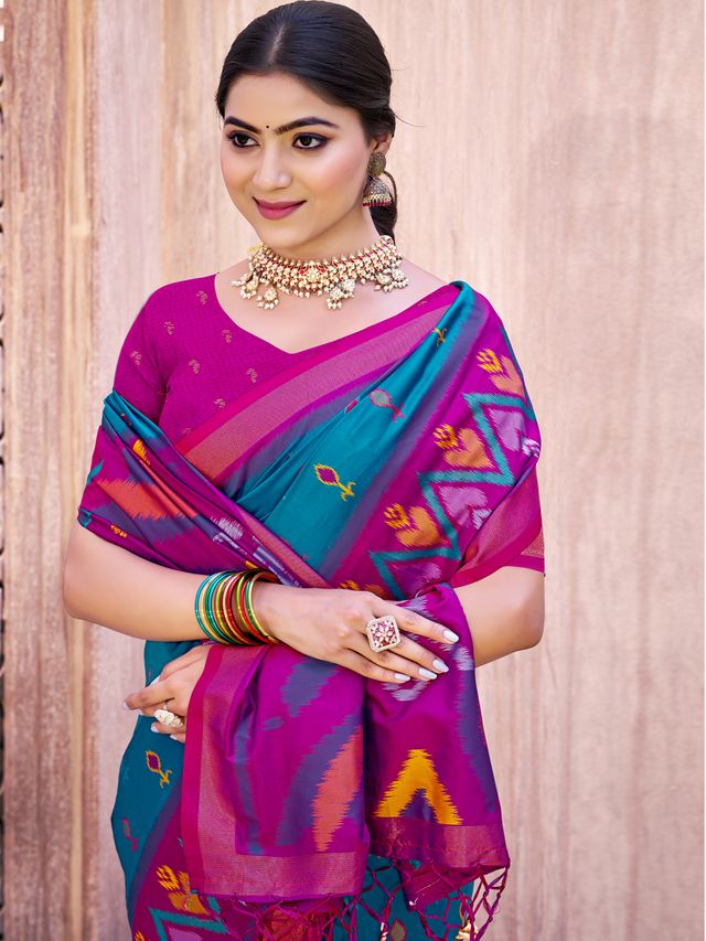 Sea Green Color Pochampalli Silk Fabric Designer Woven Ethnic Ceremonial Saree