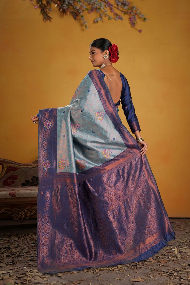 Blue Color Beautiful Art Silk Fabric Woven Jacquard Designer Saree