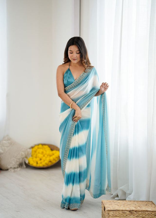 Sky Blue Color Beautiful Fendy Satin Fabric Saree With Glamorous Zarkan Diamond Work