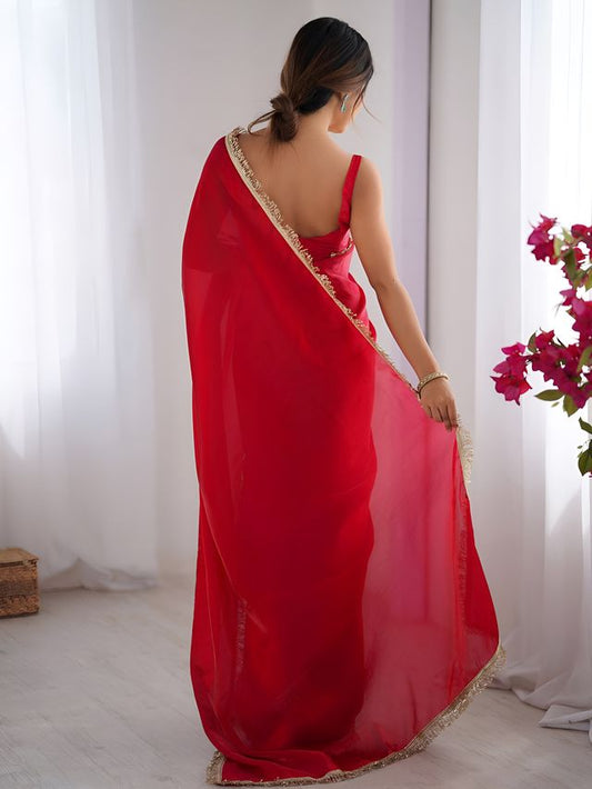 Red Color Space Silk Fabric Saree With Zalar Lace Border Ethnic Girlie Saree