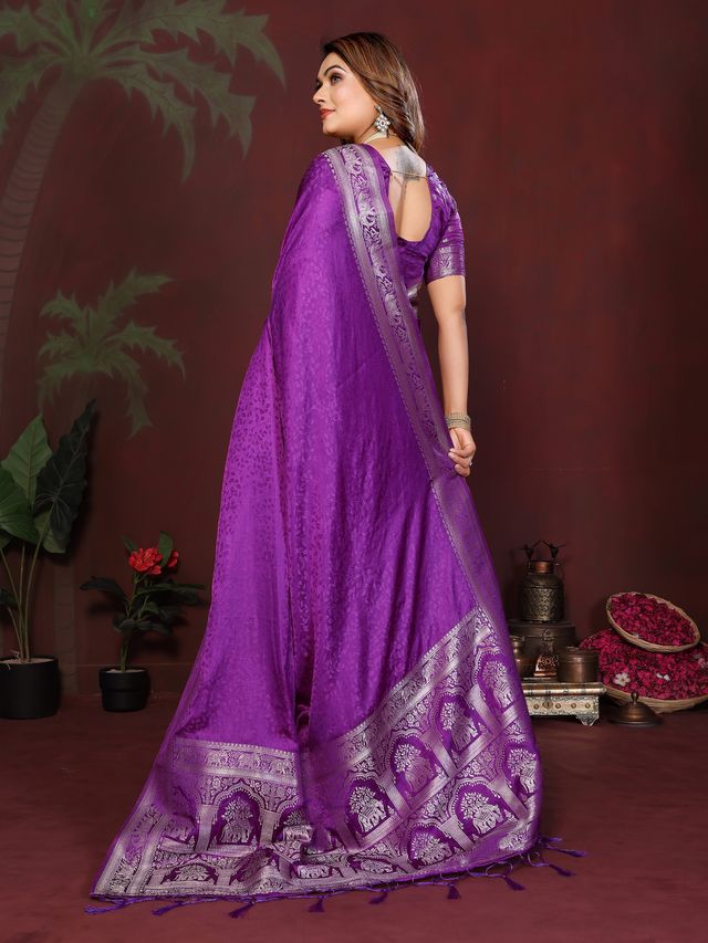 Purple Color Satin Silk Fabric Woven Jari Designer Sophisticated Saree