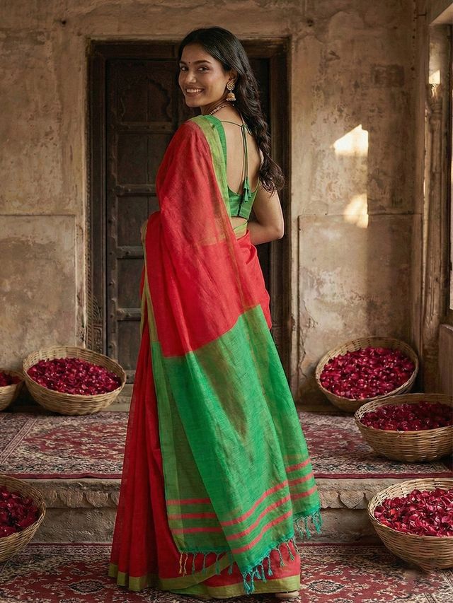 Red Color Stylish Cotton Woven Designer Partywear Saree