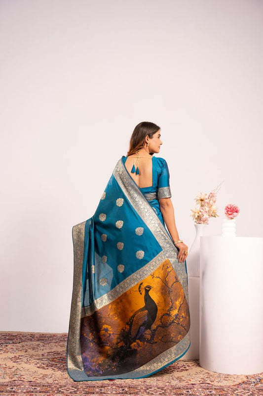 Firozi Color Banarasi Silk Fabric Designer Partywear Saree