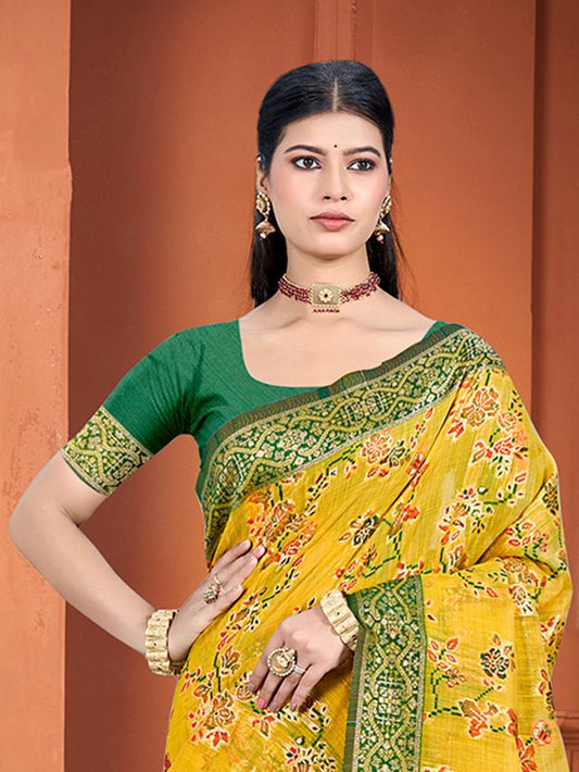 Yellow Color Cotton Silk Fabric Woven Meenakari Designer Ethnic Saree