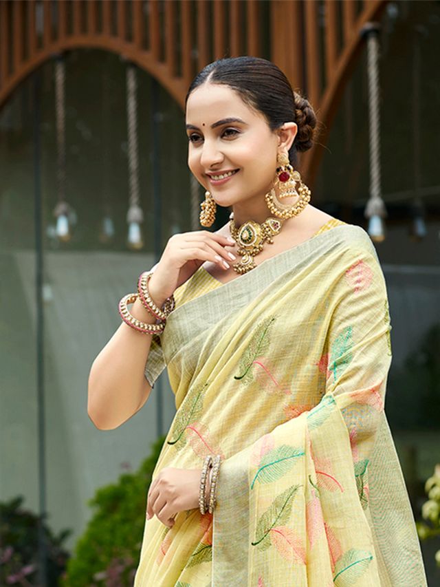 Yellow Color Beautiful Rich Looks Designer Linen Fabric Ceremonial Saree