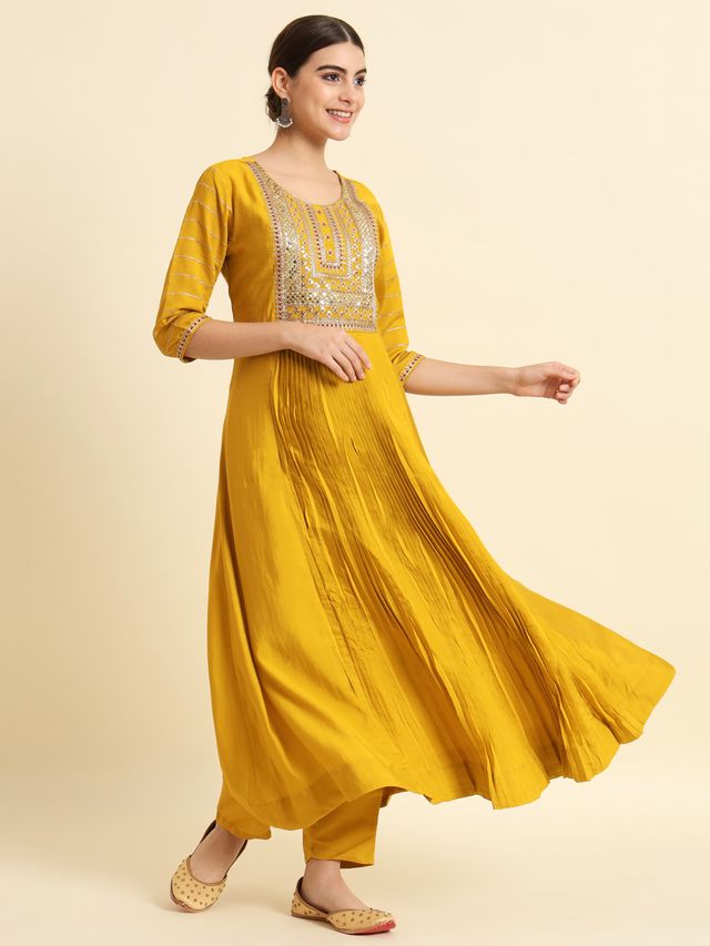 Sequence Embroidered Plating Work Mustard Yellow Pure Chanderi Silk Flare Kurta With Pant & Dupatta Set
