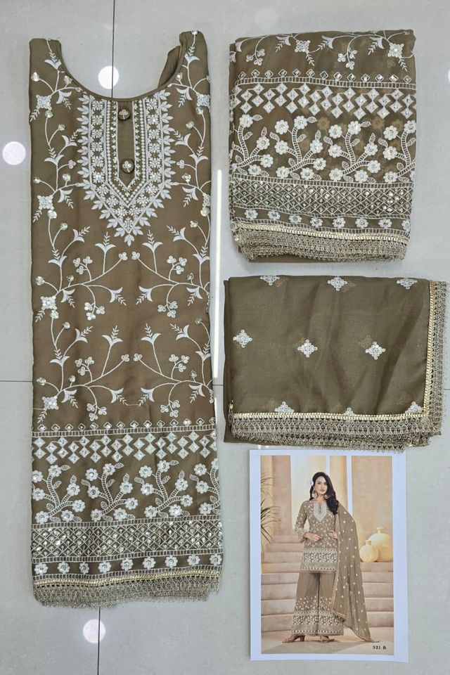 Beige Georgette All Over Cotton Thread & Sequins Work Palazzo Sets Size upto 44