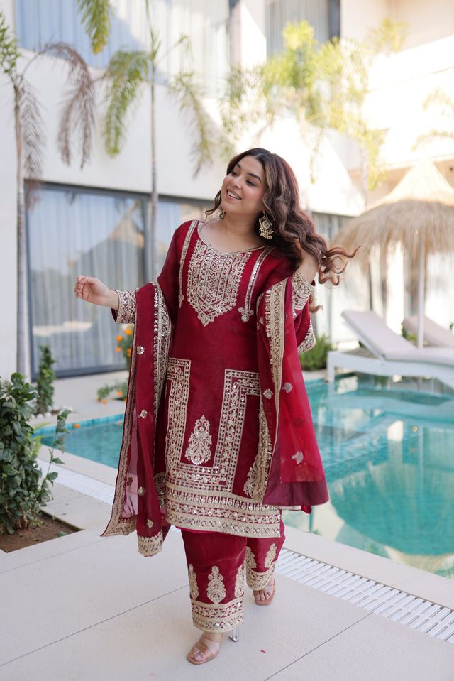Maroon Color Beautiful Sequins Embroidered Ethnic Ceremonial Attire
