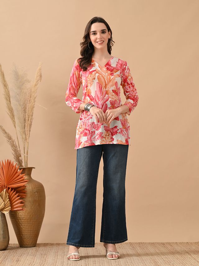 Pink Color Cambric Cotton Fabric Designer Printed Formal Short Kurta