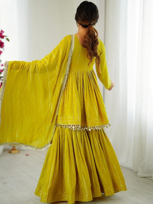 Yellow Mal Chanderi With Mirror & hand work Sharara Suit