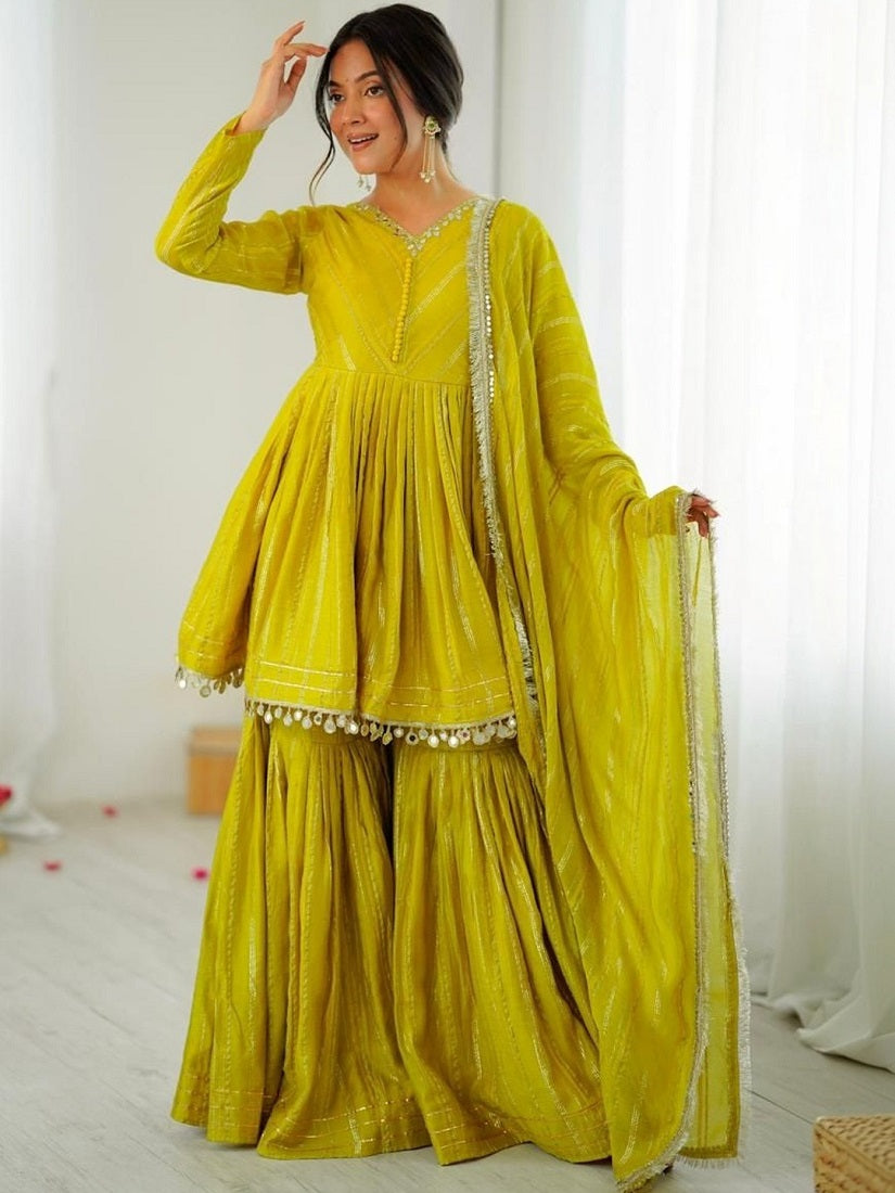 Yellow Mal Chanderi With Mirror & hand work Sharara Suit
