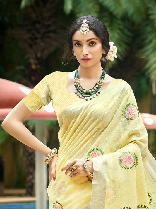 Yellow Color Linen Fabric Woven Designer Saree With Floral Embroidered Work