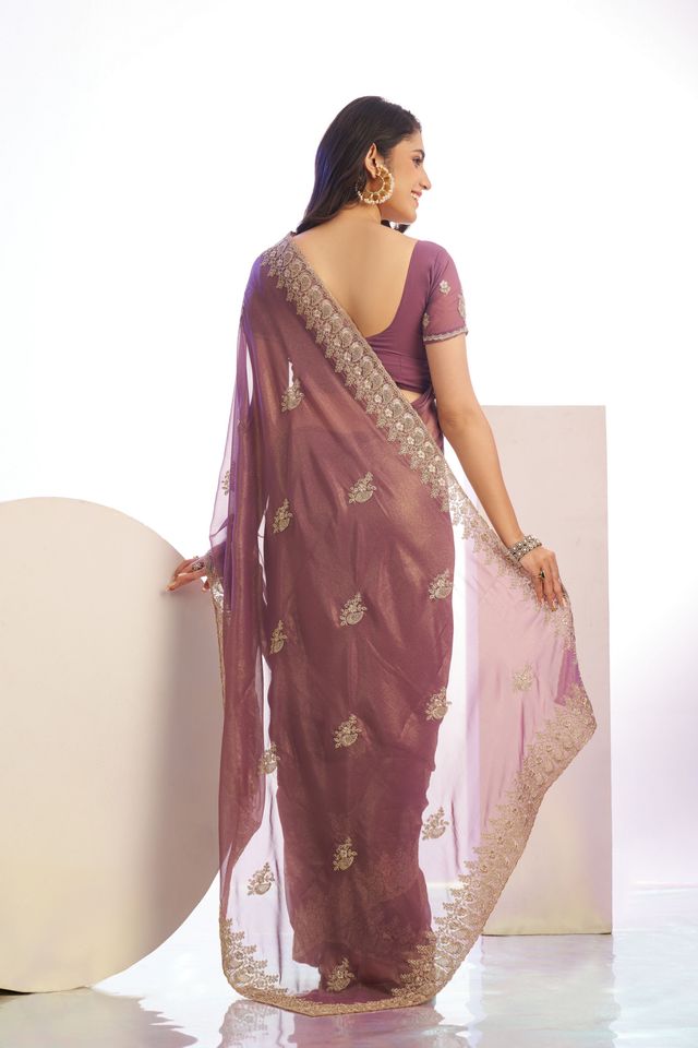 Wine Color Stylish Heavy Partywear Saree For Rich Girlie Looks