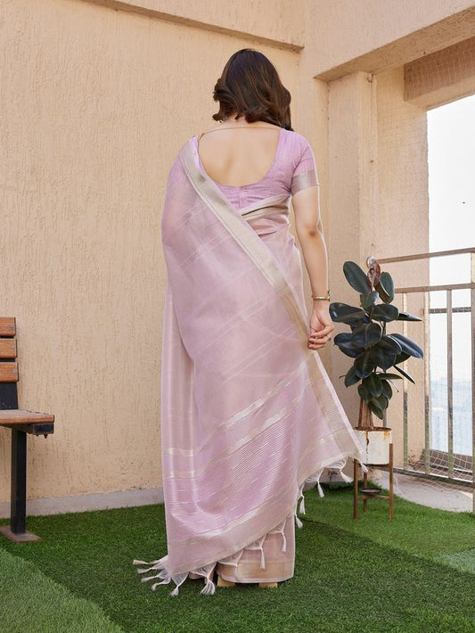 Purple Color Tissue Linen Silk Fabric Weaving Jari Lining Designer Saree