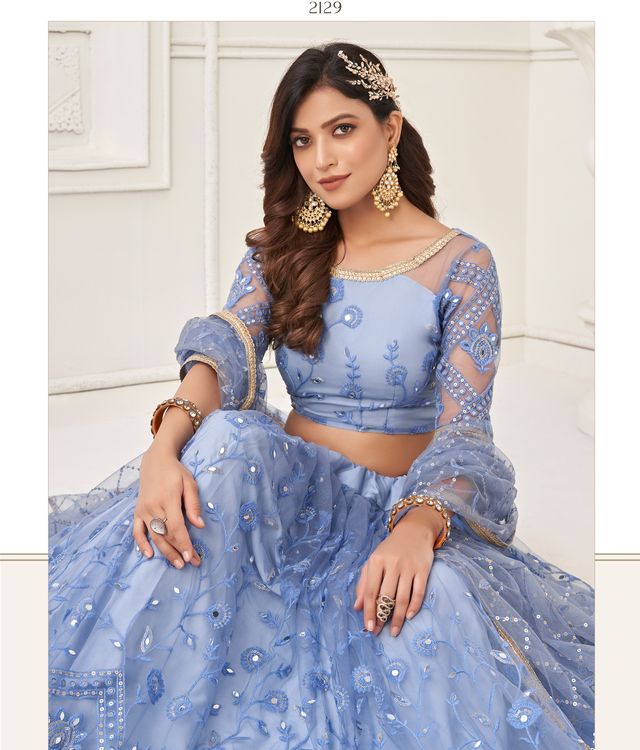 Blue Heavy Embroidery Net Semi Stitch A Line Lehenga With Blouse