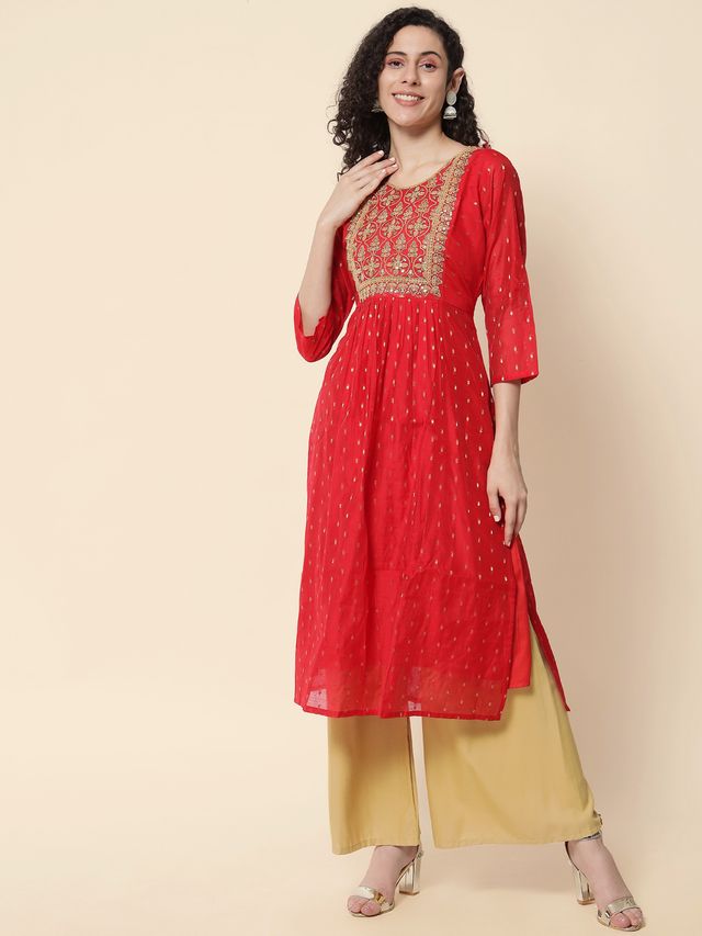 Red Color Chanderi Modal Fabric With Beautiful Embroidered Work Fancy Looks