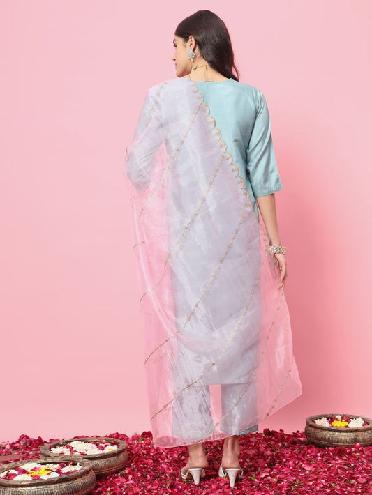 Sky Blue Color Silk Blend Ethnic Fancy Partywear Suit With Classy Looks