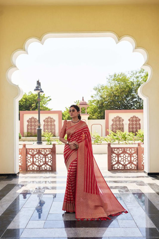 Red Color Beautiful Woven Designer Partywear Ethnic Saree