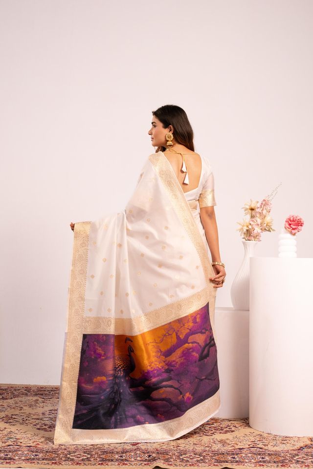 Off White Color Banarasi Silk Saree For Festive Ethnic Saree