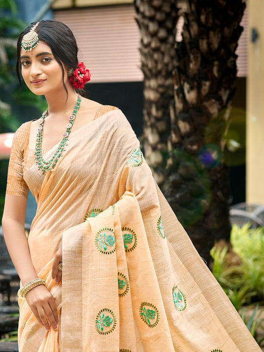 Peach Color Linen Fabric Woven Designer Saree With Floral Embroidered Work