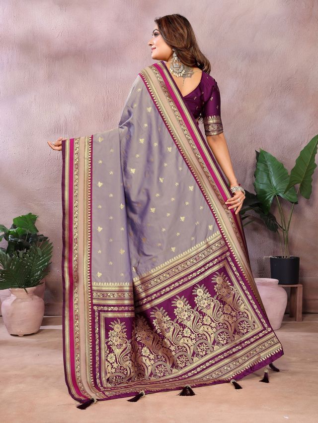 Silver Grey Color Handloom Silk Fabric Jacquard Weaving Designer Partywear Saree
