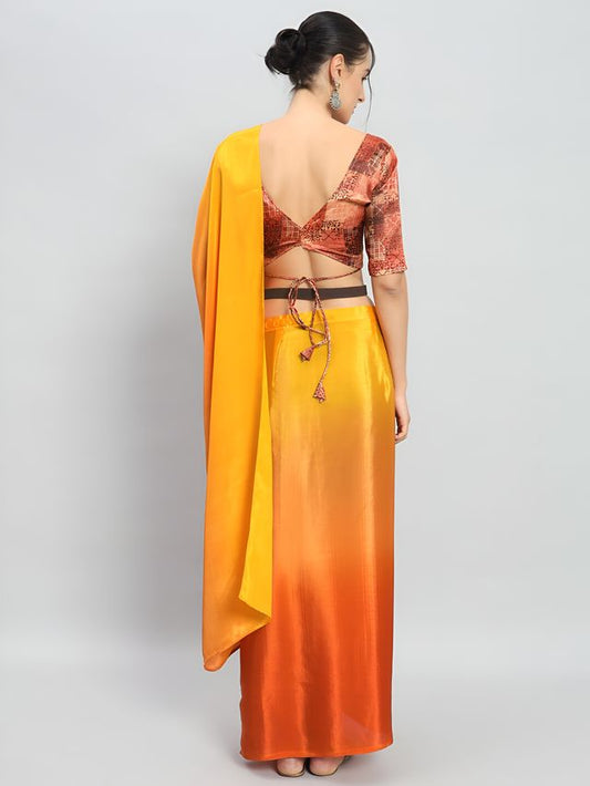 Yellow Color Ready To Wear Chinon Fabric Saree For Stylish Looks