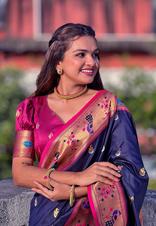 Nevy Blue Color Soft Silk Fabric Woven Meenakari Designer Ethnic Partywear Saree