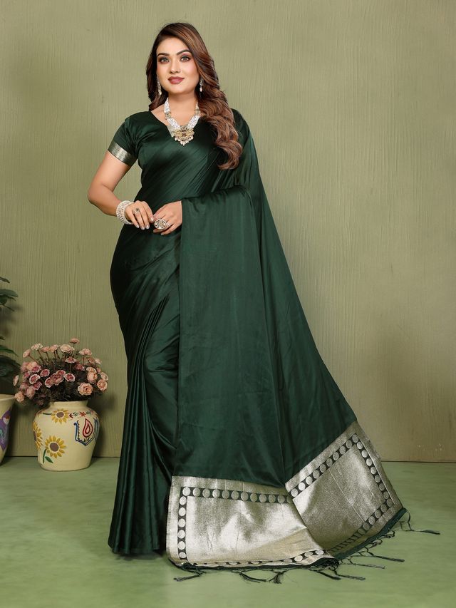 Green Color Satin Silk Fabric Ethnic Woven Lagdi Pallu Designer Saree